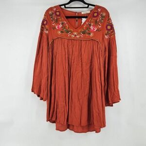 Boho‎ Embroidered Bell Sleeve Tunic Top Blouse Dress Rust Orange Size S Office